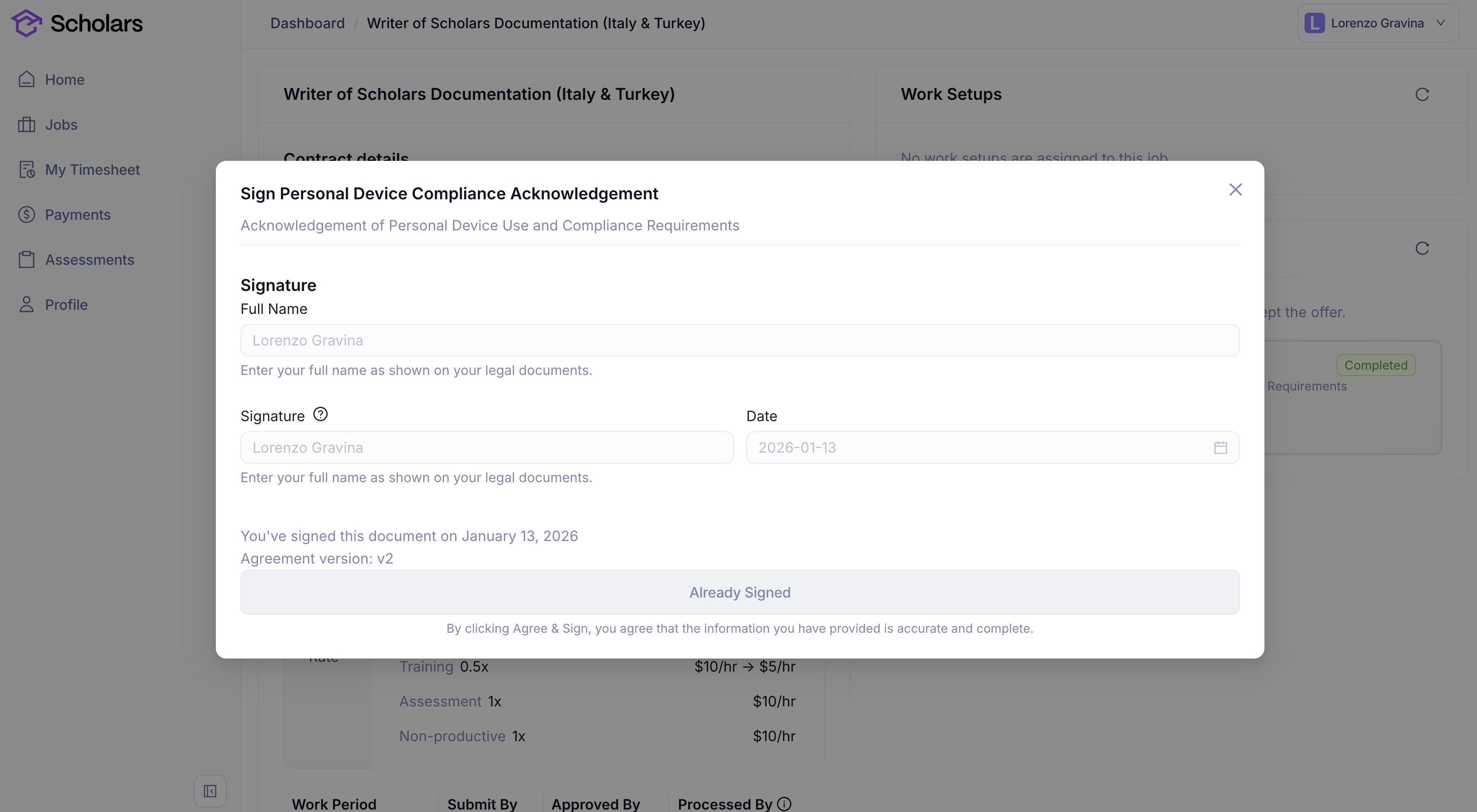 A completed compliance document opened from contract details in a read-only signature view