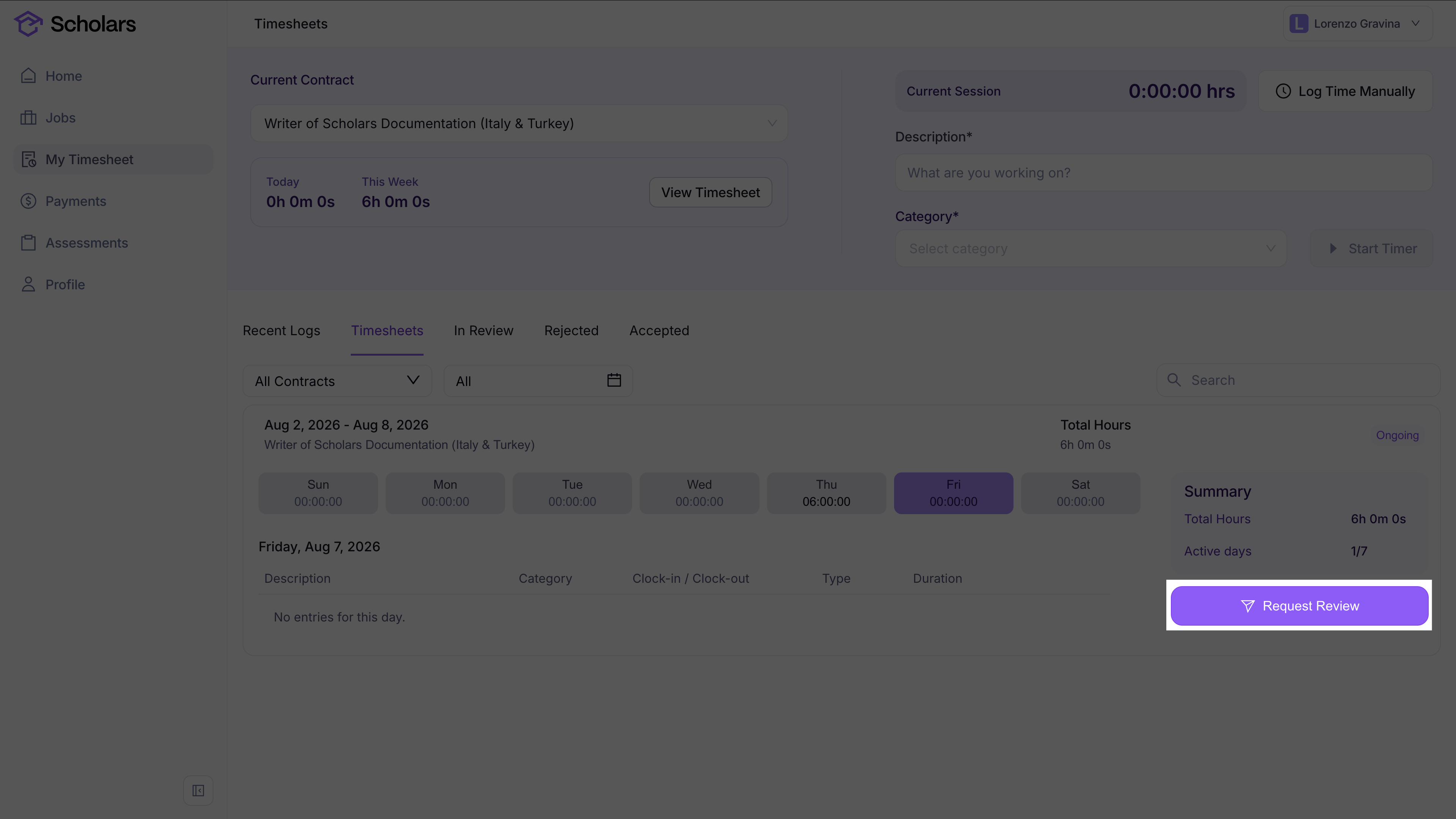 The Request Review button highlighted in a weekly timesheet
