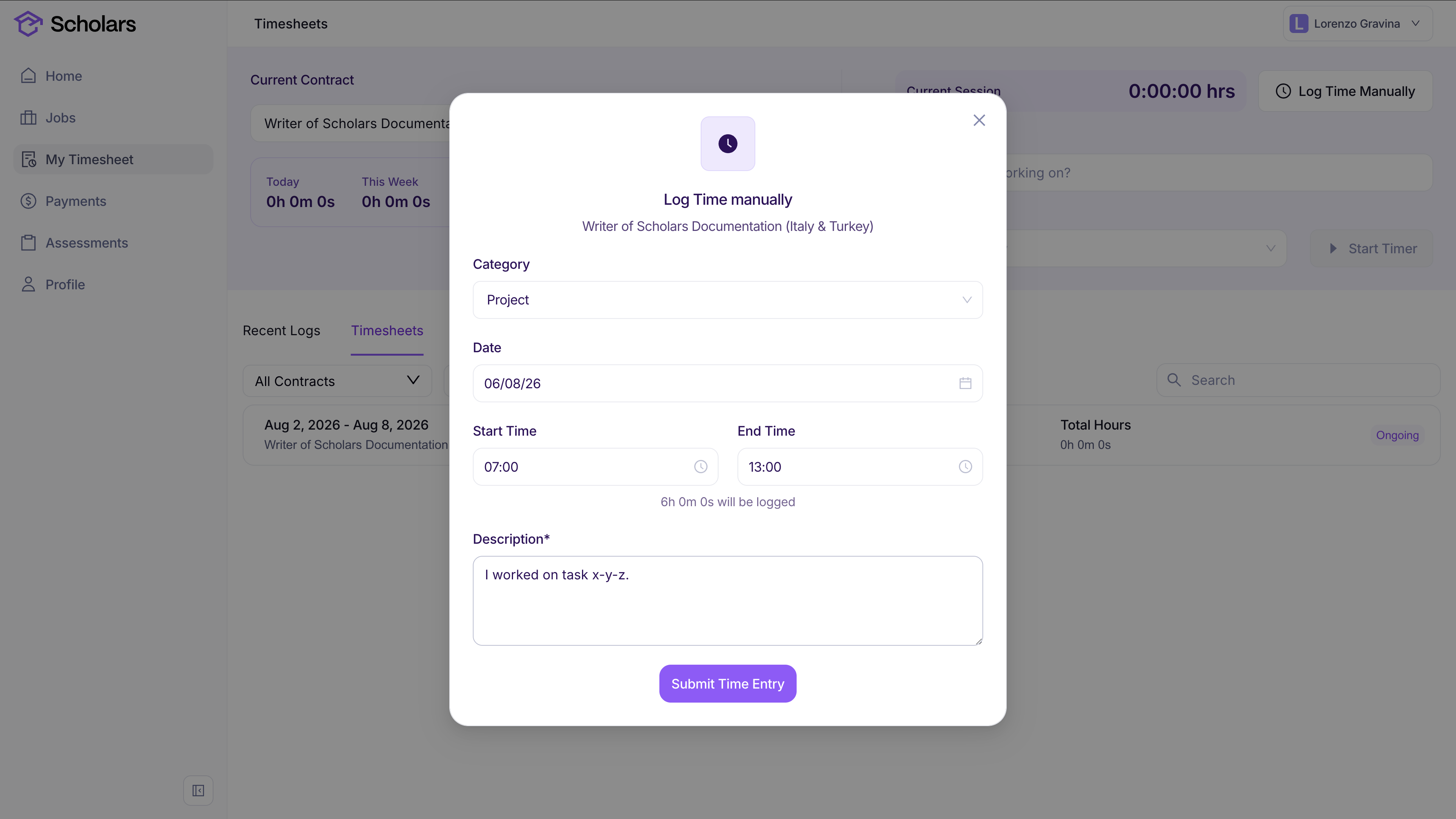 The Log Time manually form with category, date, start time, end time, and description fields
