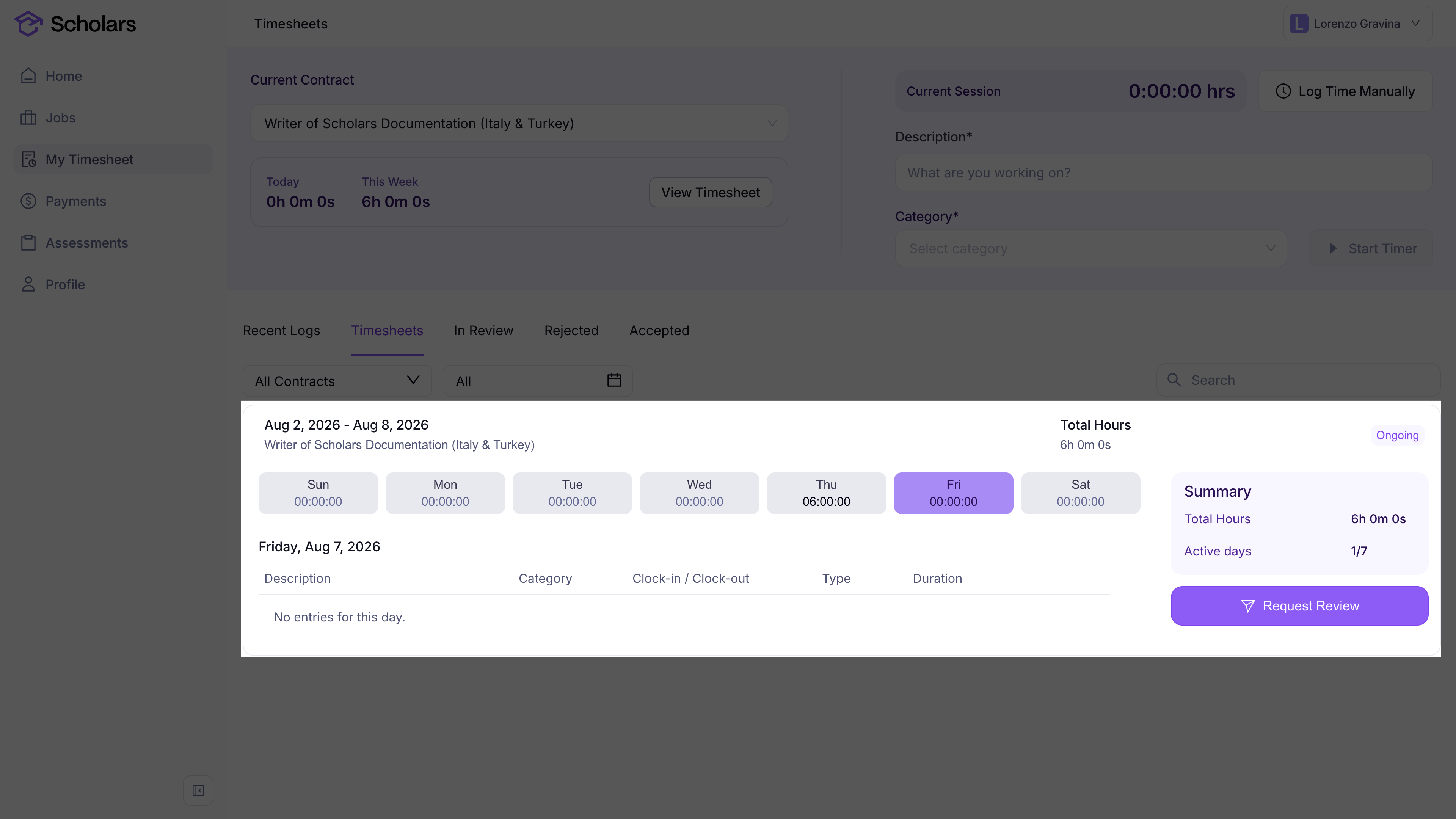 A weekly timesheet with daily totals, entry details, and a summary of total hours and active days