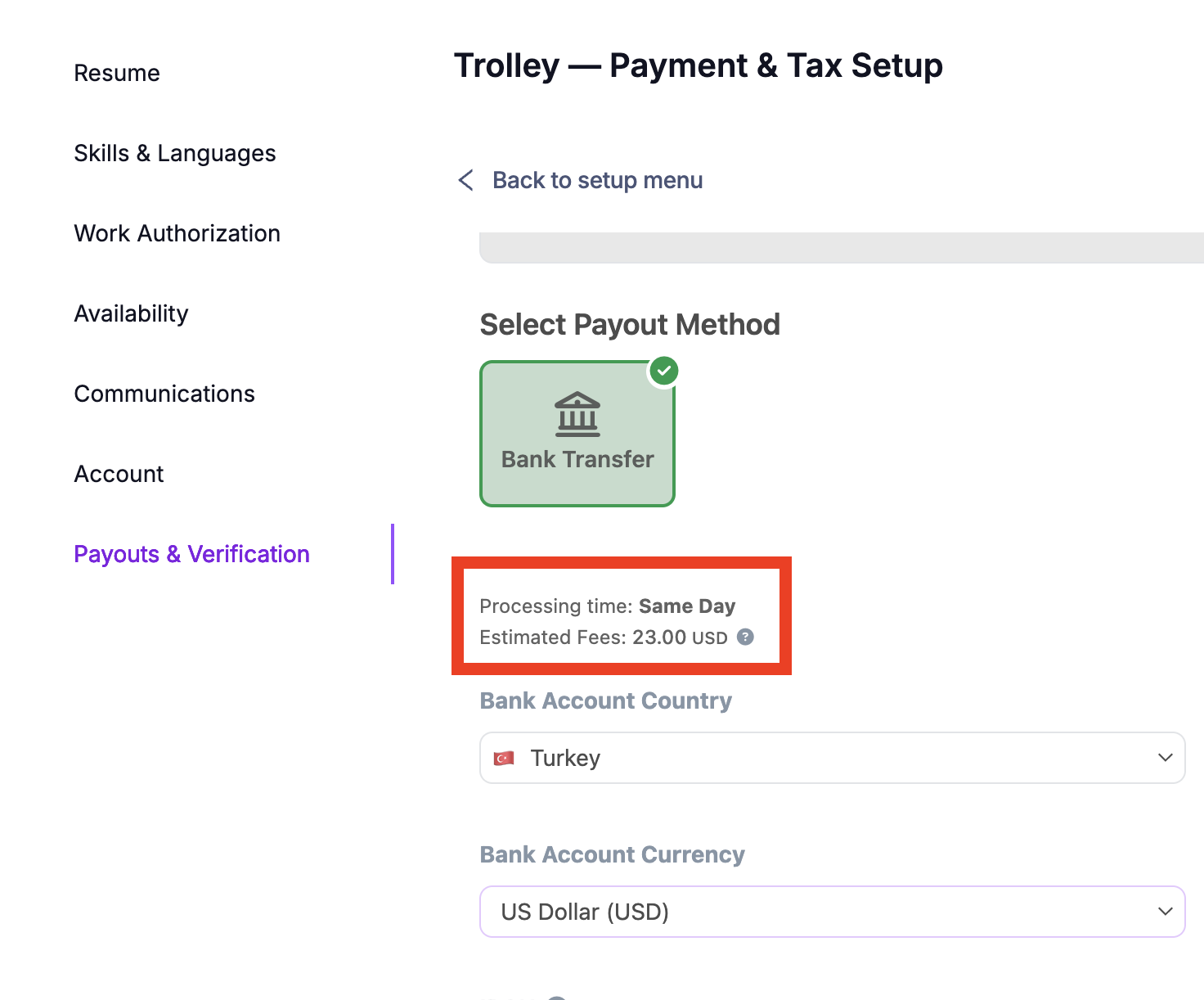 Trolley bank transfer setup with Turkey and US Dollar selected, highlighting Estimated Fees of 23.00 USD
